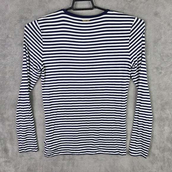Womens Michael Kors Navy & White Striped Shirt Long Sleeve Round Neck Viscose M - Picture 5 of 9